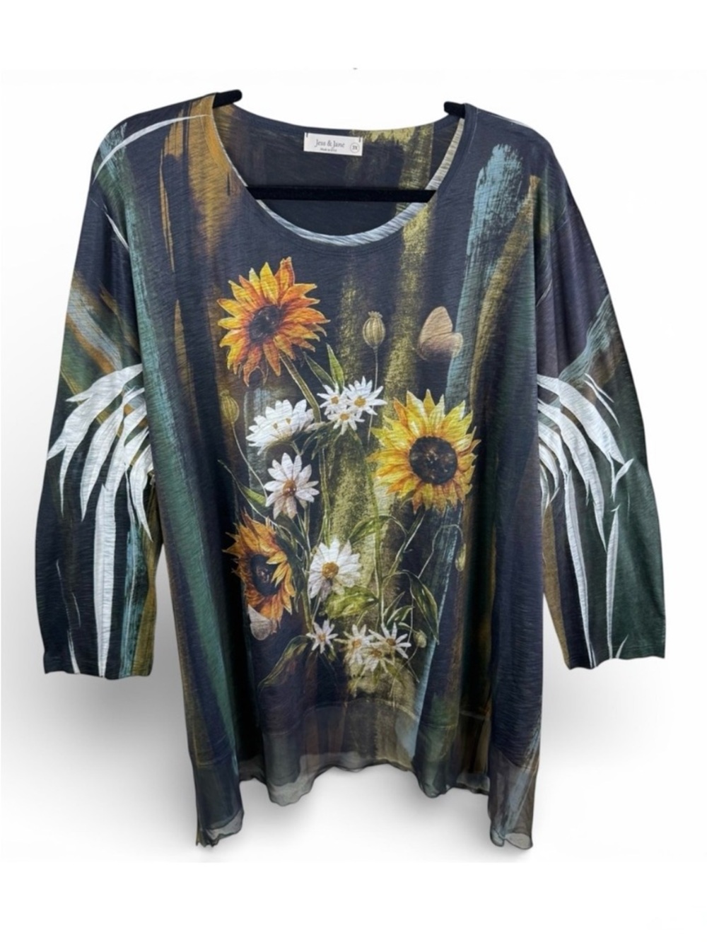 Jess & Jane Womens 3X Sunflower Floral Graphic Tunic Top 3/4 Sleeve 63-000X‎ USA